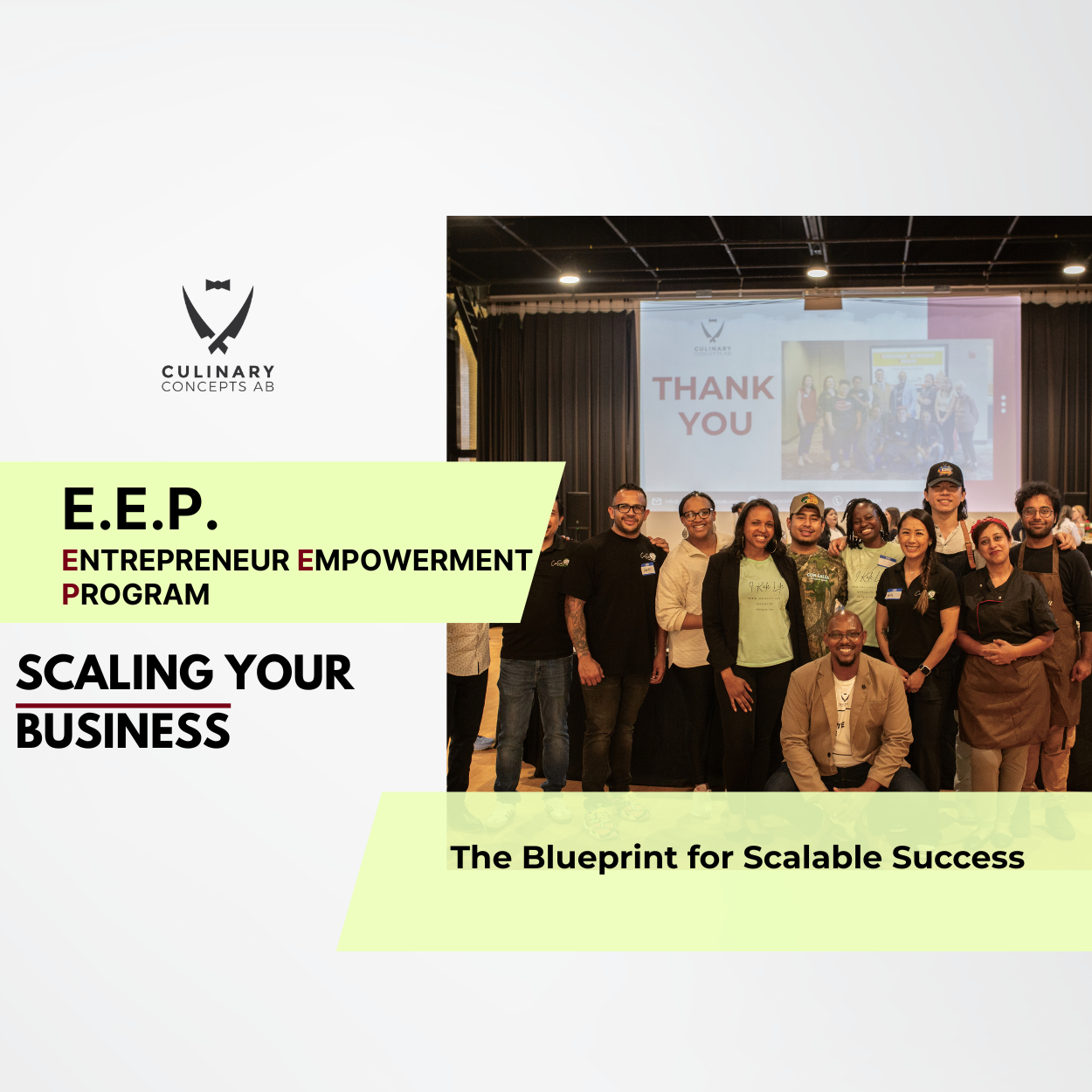 EEP Group of diverse participants at an entrepreneurship event posing for a photo on stage, with a projection reading 'THANK YOU' and banners for 'E.E.P. – Scaling Your Business'
